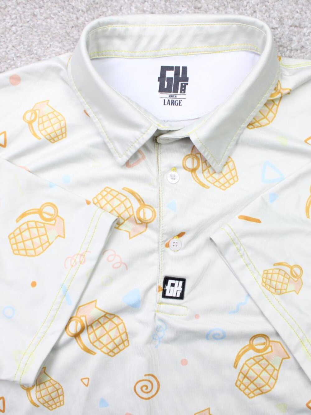 Greater Half AOP Polo Shirt Mens Large Beige Grenade All Over Print Golf S/S